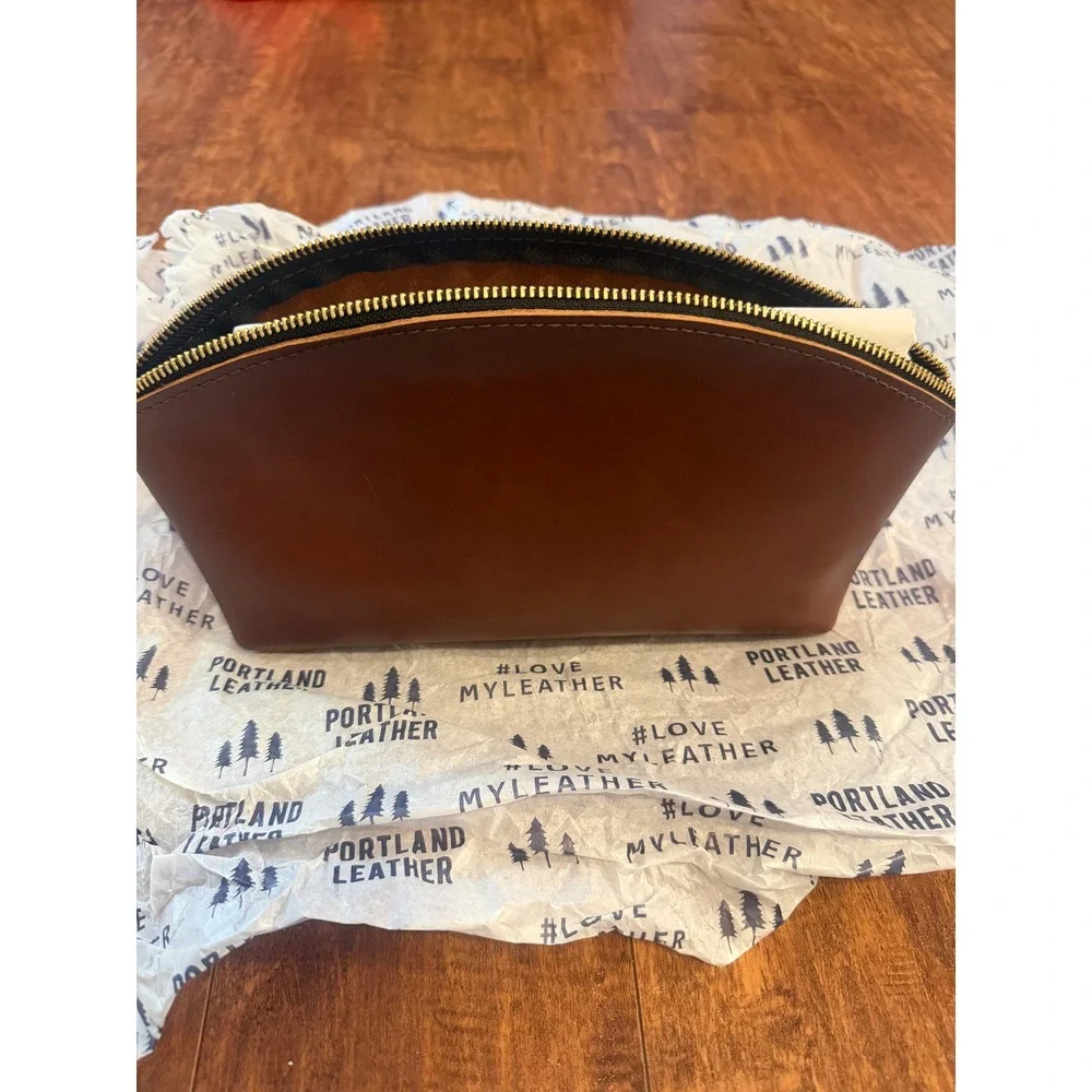 Portland Leather Goods Cognac Dome Leather Pouch Cosmetic Makeup Bag Travel Case